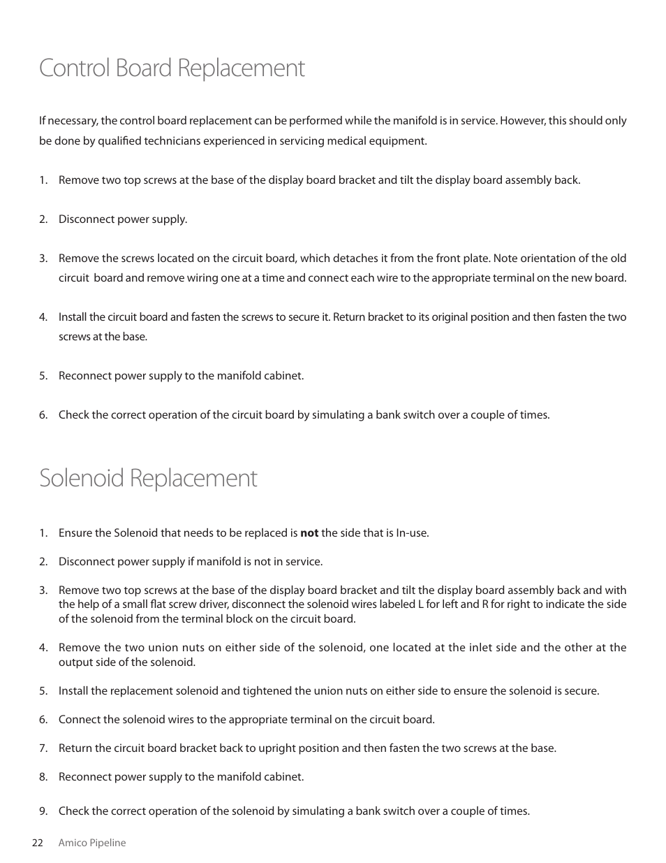 Control board replacement, Solenoid replacement | Amico Automatic Cryogenic Liquid Solenoid Manifold User Manual | Page 22 / 32