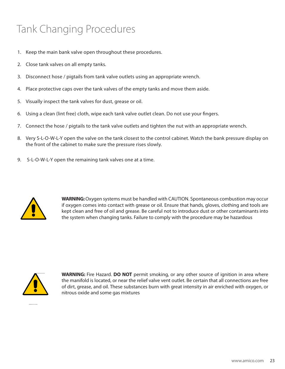 Tank changing procedures, User responsibility | Amico Automatic Cryogenic Liquid Solenoid Manifold User Manual | Page 23 / 32