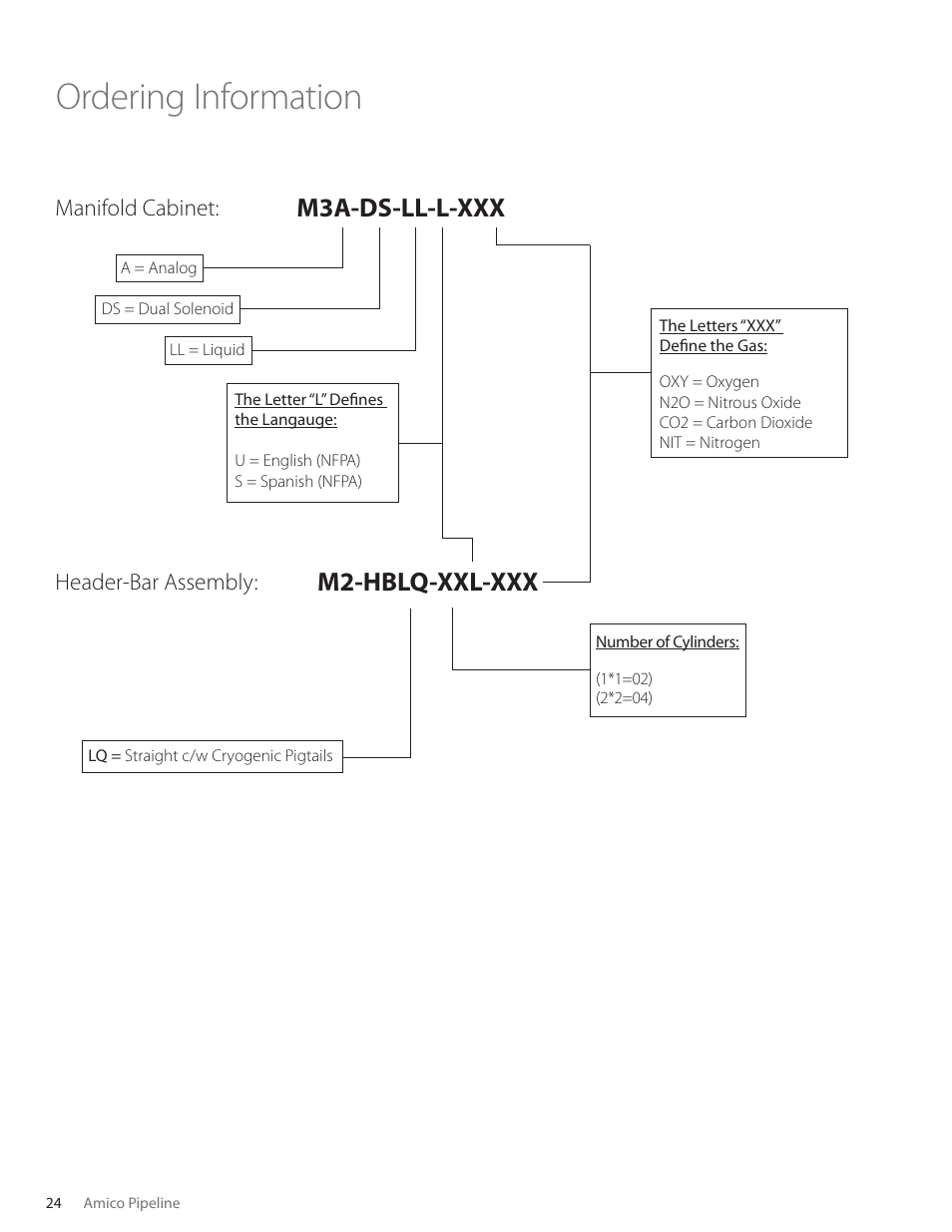 Ordering information, M2-hblq-xxl-xxx, M3a-ds-ll-l-xxx | Manifold cabinet: header-bar assembly | Amico Automatic Cryogenic Liquid Solenoid Manifold User Manual | Page 24 / 32