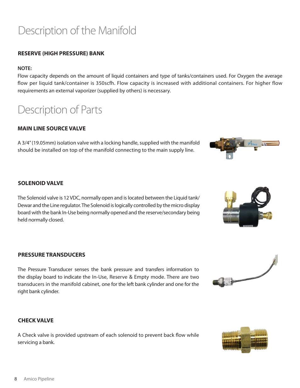 Description of the manifold, Description of parts | Amico Automatic Cryogenic Liquid Solenoid Manifold User Manual | Page 8 / 32