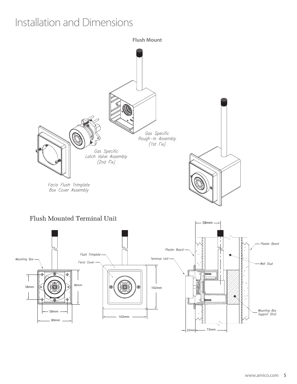 Installation and dimensions, Flush mount | Amico British Standard Outlet User Manual | Page 5 / 18