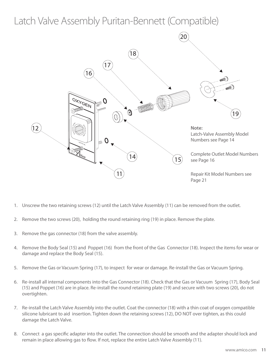 Latch valve assembly puritan-bennett (compatible) | Amico Retractable Ceiling Column Outlet User Manual | Page 11 / 24