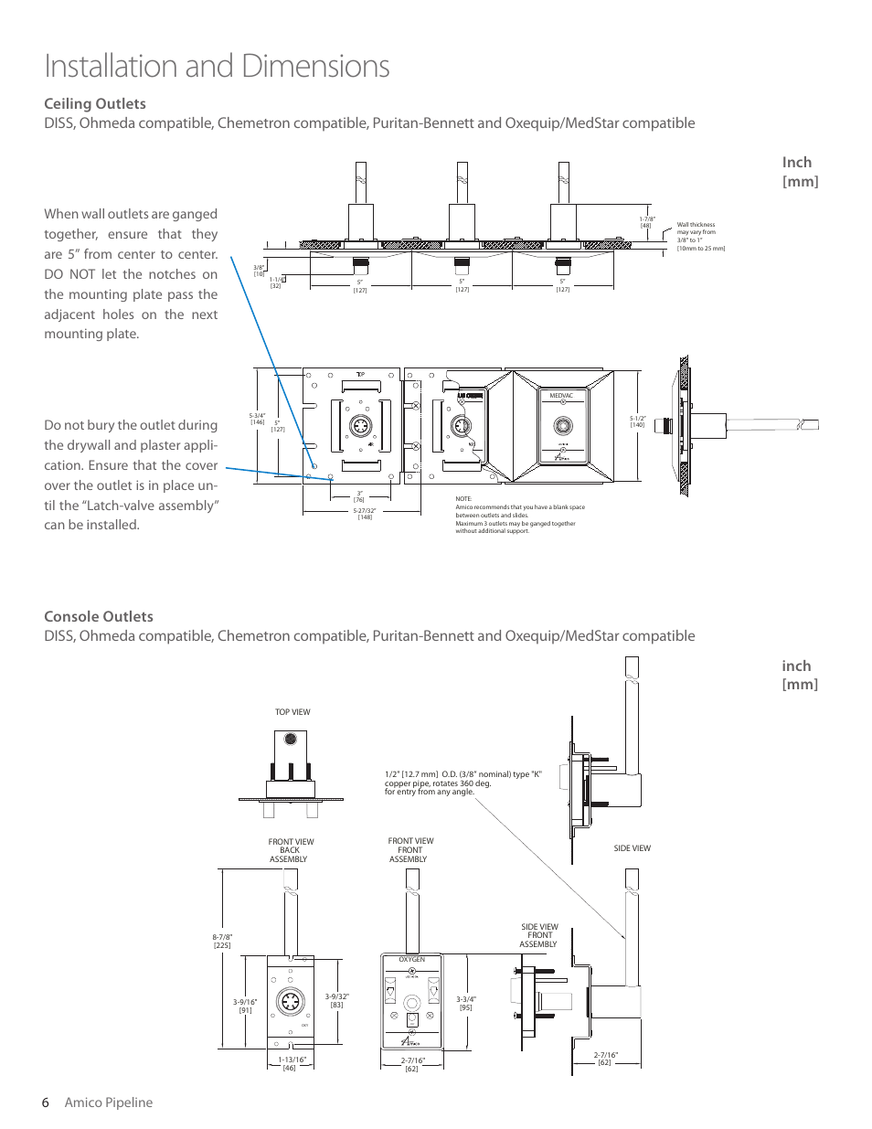 Installation and dimensions, Inch [mm, 6amico pipeline | Amico Retractable Ceiling Column Outlet User Manual | Page 6 / 24