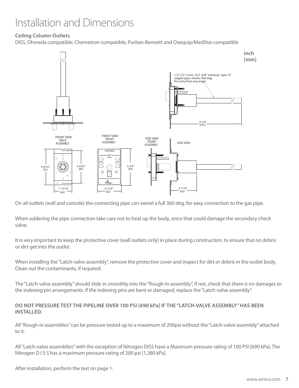 Installation and dimensions, Inch [mm | Amico Retractable Ceiling Column Outlet User Manual | Page 7 / 24