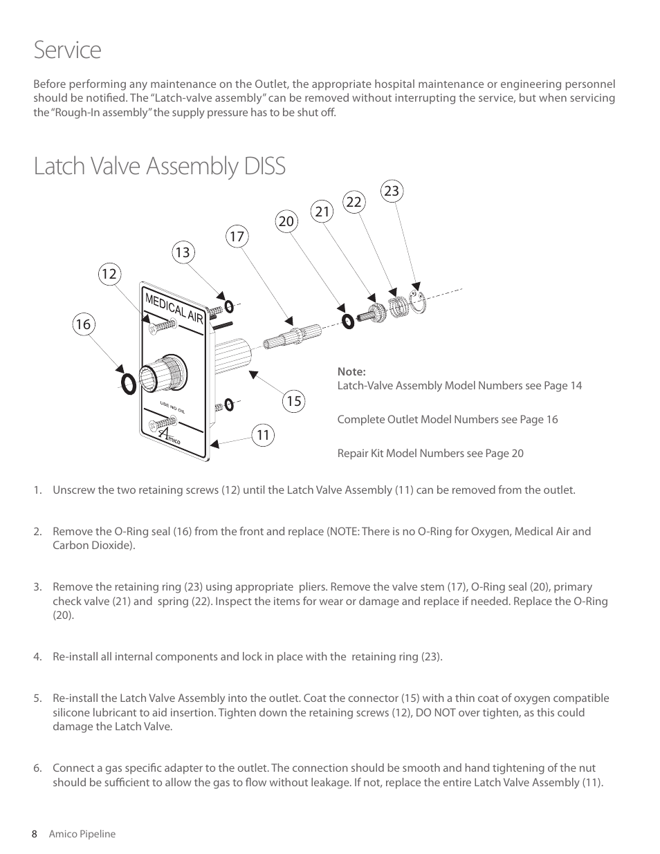 Service, Latch valve assembly diss | Amico Retractable Ceiling Column Outlet User Manual | Page 8 / 24