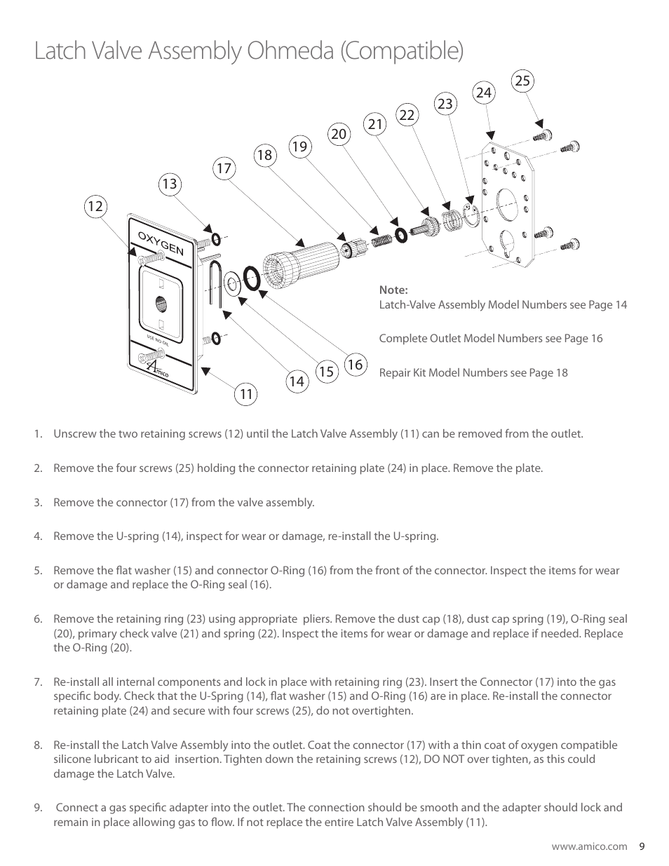 Latch valve assembly ohmeda (compatible) | Amico Retractable Ceiling Column Outlet User Manual | Page 9 / 24