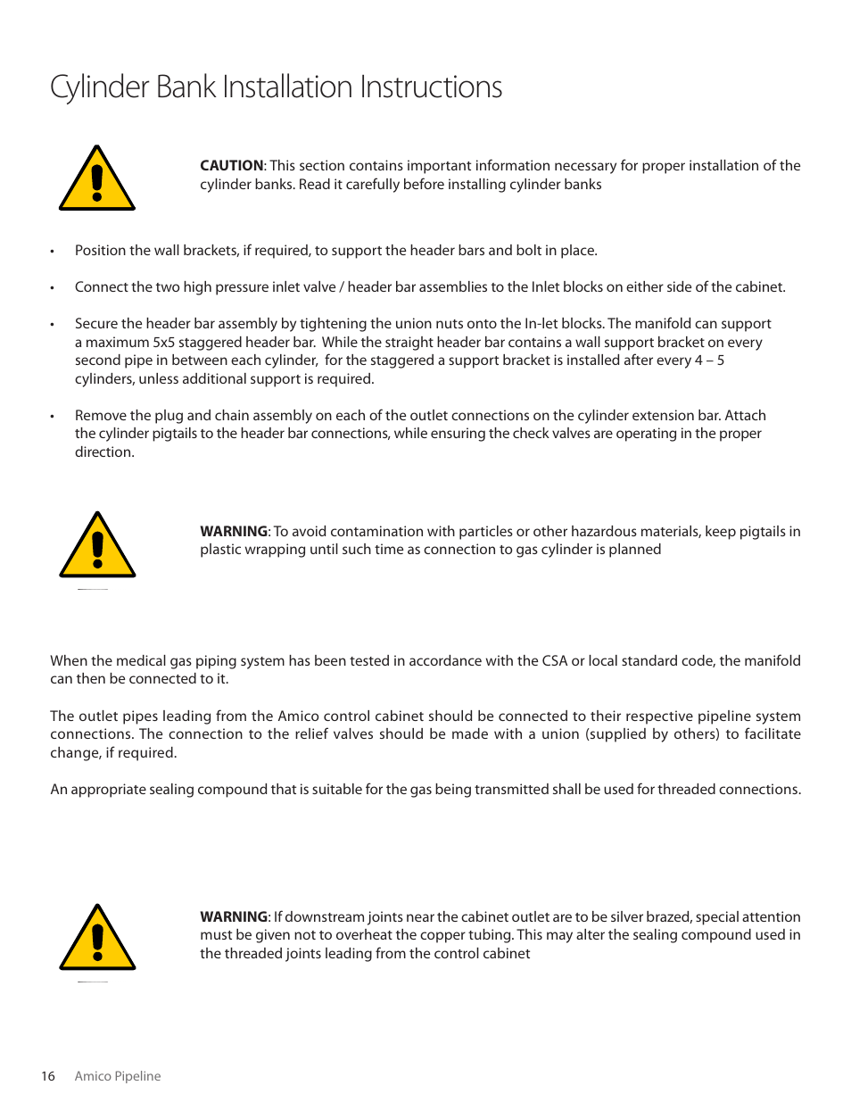 Cylinder bank installation instructions, User responsibility | Amico Dome Loaded Manifold CSA User Manual | Page 16 / 44