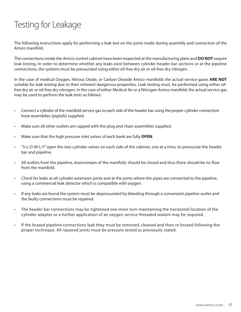 Testing for leakage | Amico Dome Loaded Manifold CSA User Manual | Page 17 / 44