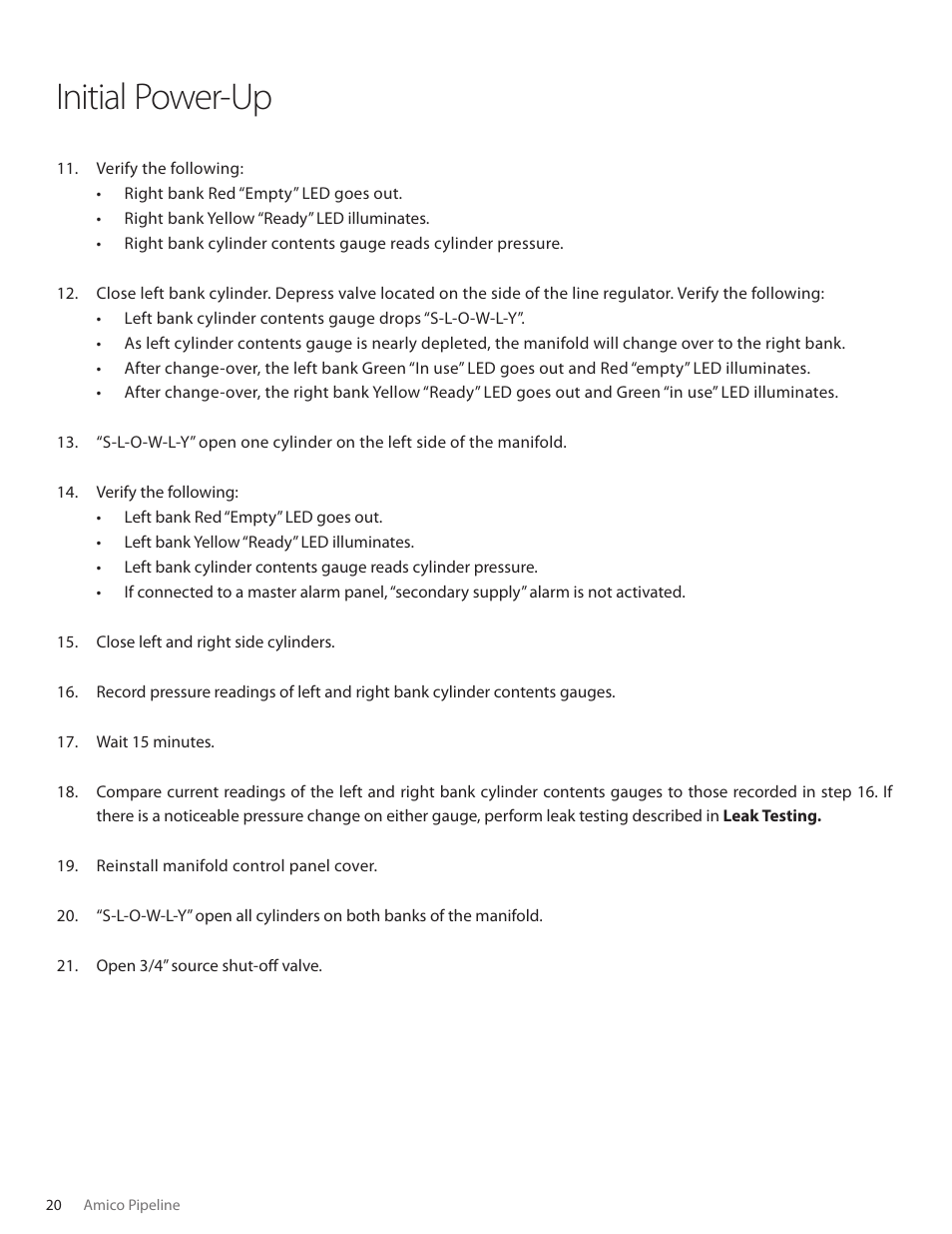 Initial power-up | Amico Dome Loaded Manifold CSA User Manual | Page 20 / 44