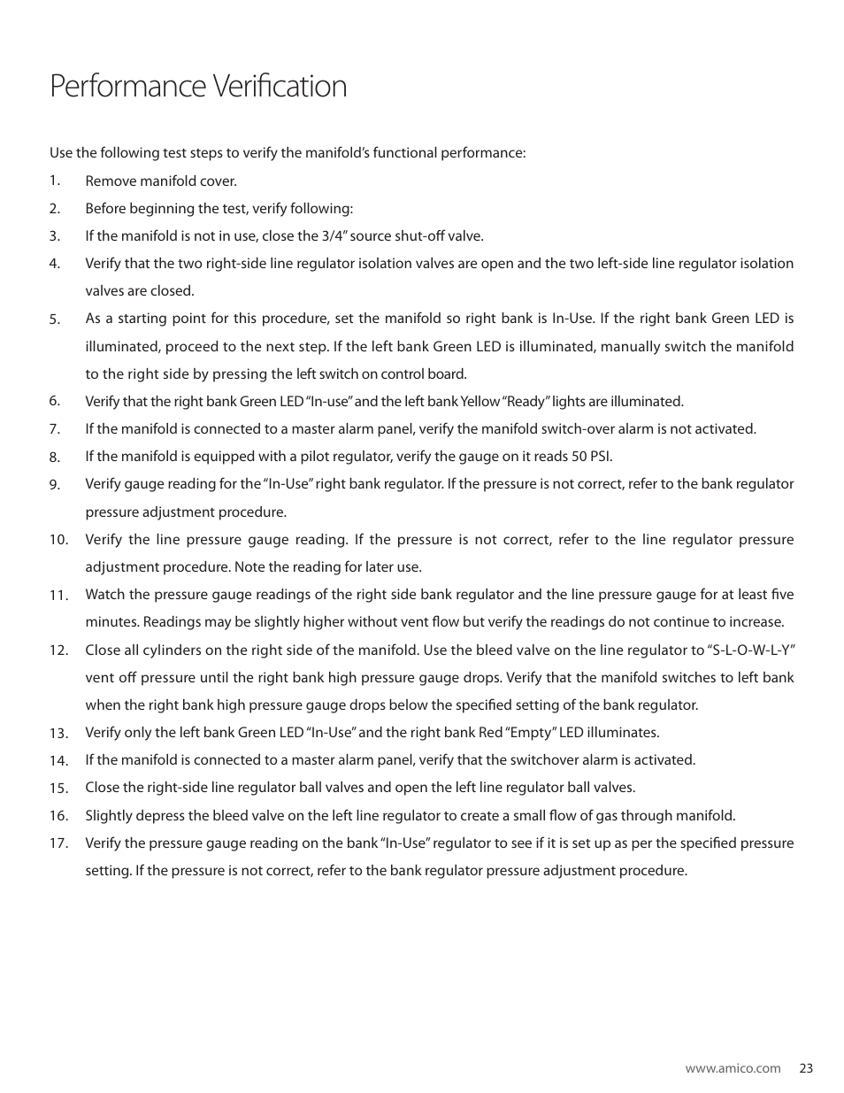 Performance verification | Amico Dome Loaded Manifold CSA User Manual | Page 23 / 44