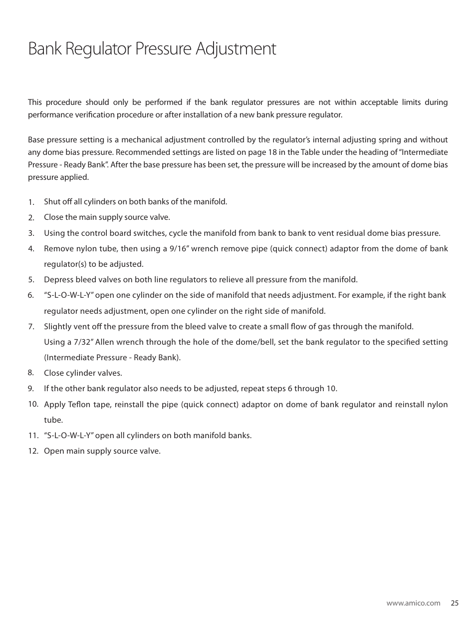 Bank regulator pressure adjustment | Amico Dome Loaded Manifold CSA User Manual | Page 25 / 44
