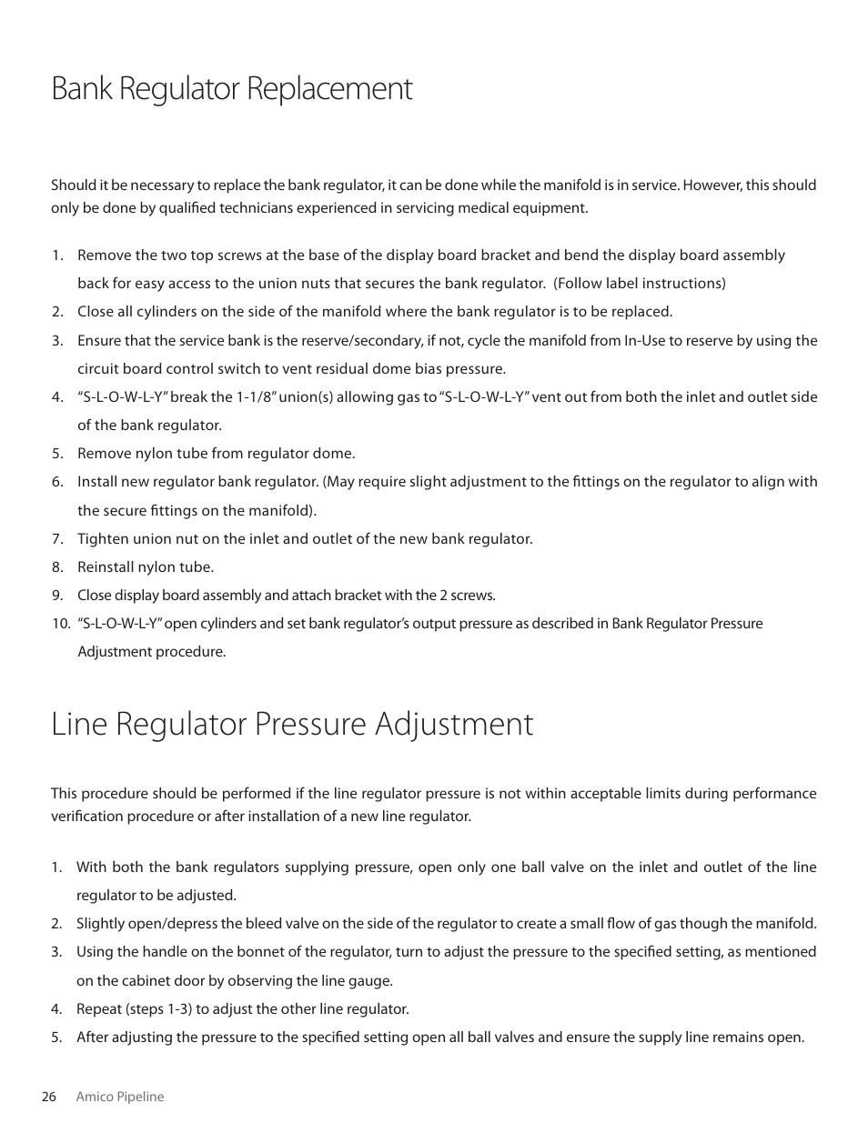 Line regulator pressure adjustment, Bank regulator replacement | Amico Dome Loaded Manifold CSA User Manual | Page 26 / 44
