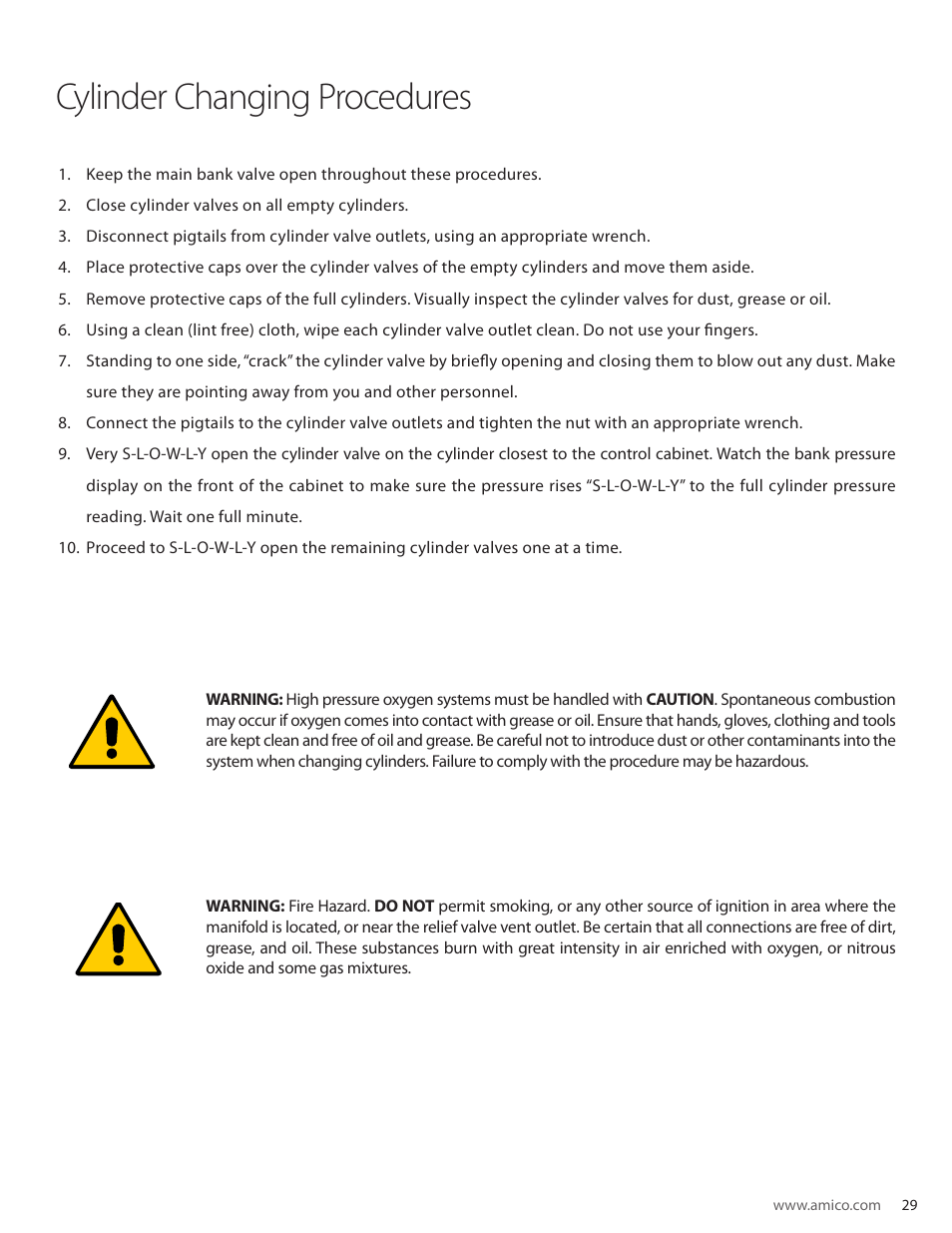 Cylinder changing procedures, User responsibility | Amico Dome Loaded Manifold CSA User Manual | Page 29 / 44