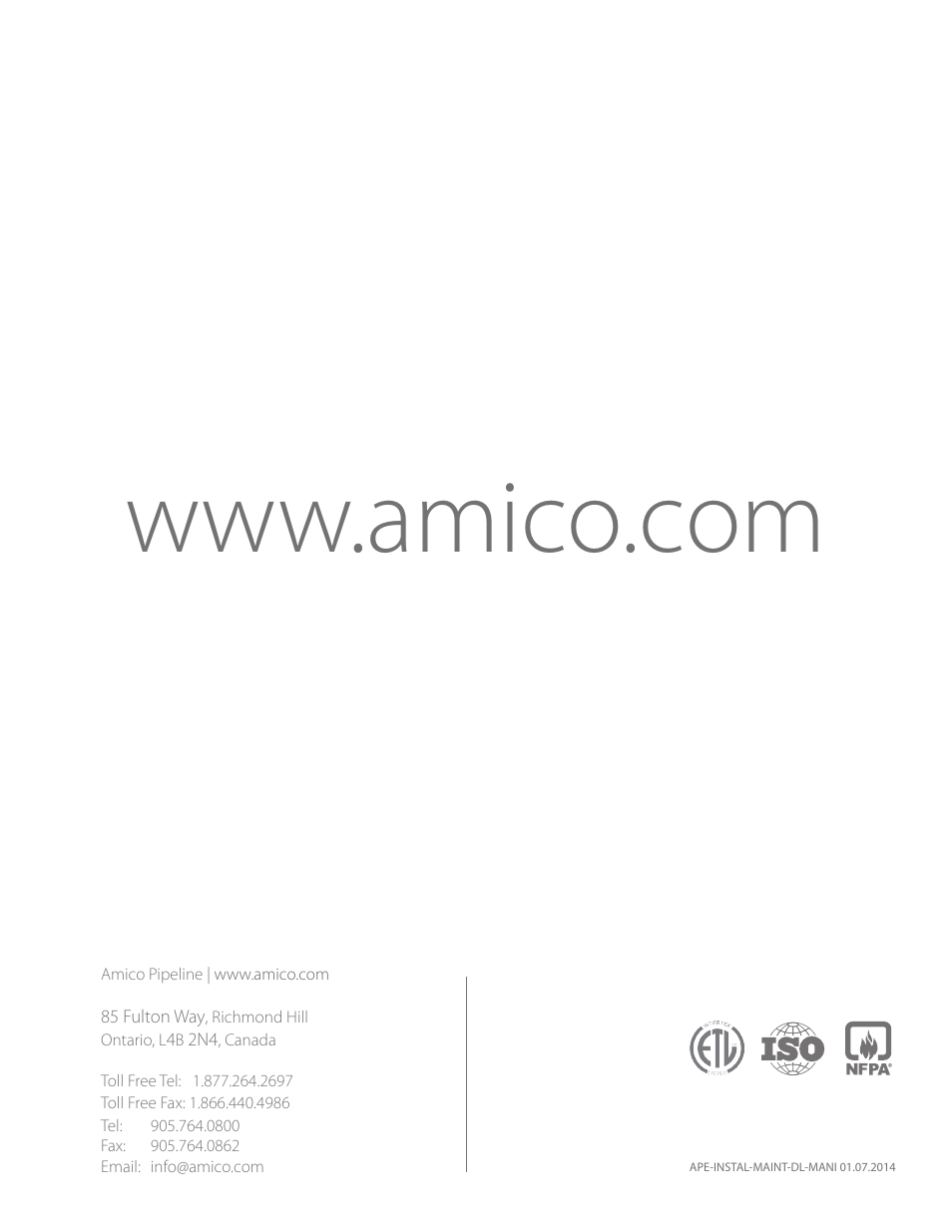 Amico Dome Loaded Manifold CSA User Manual | Page 44 / 44