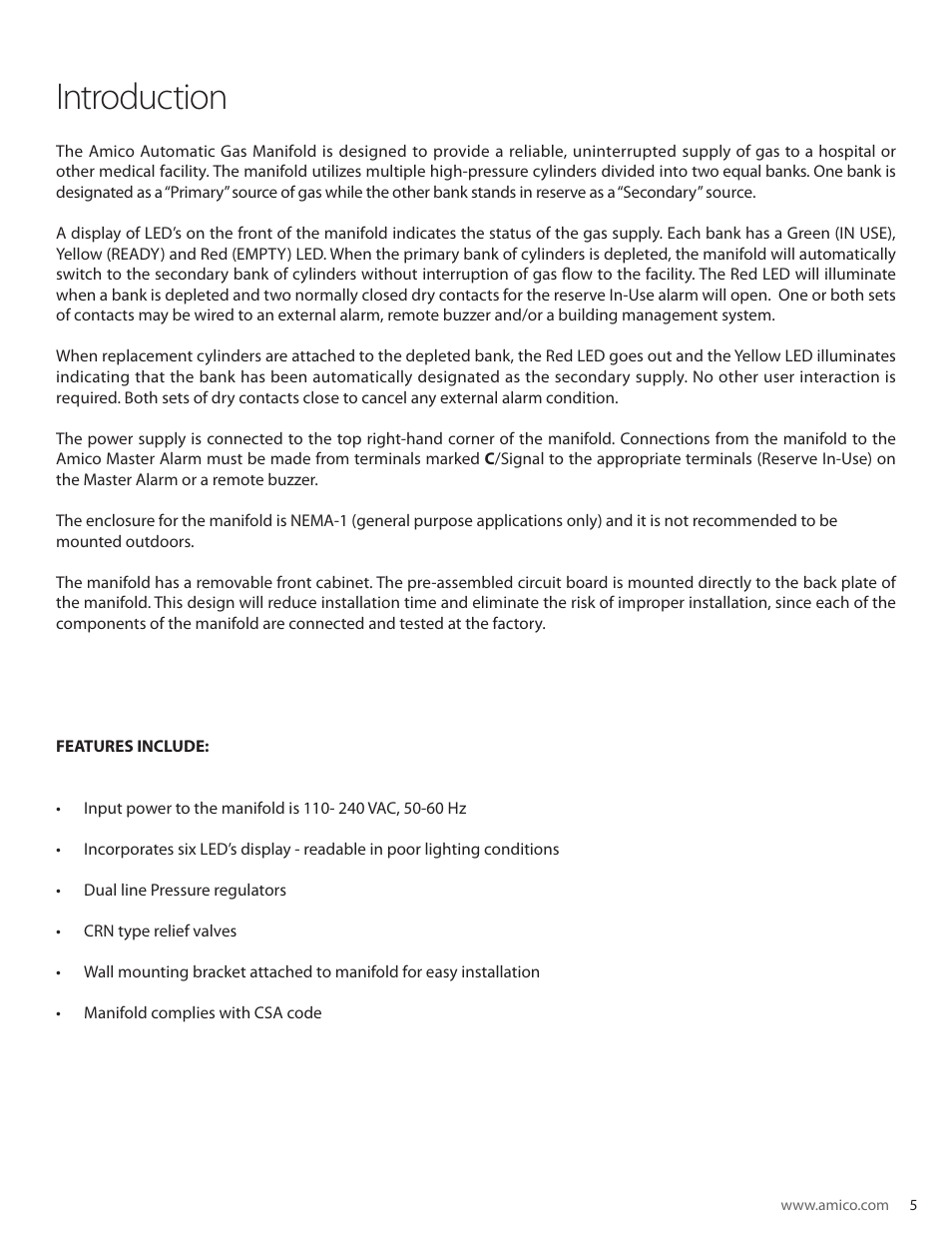 Introduction | Amico Dome Loaded Manifold CSA User Manual | Page 5 / 44