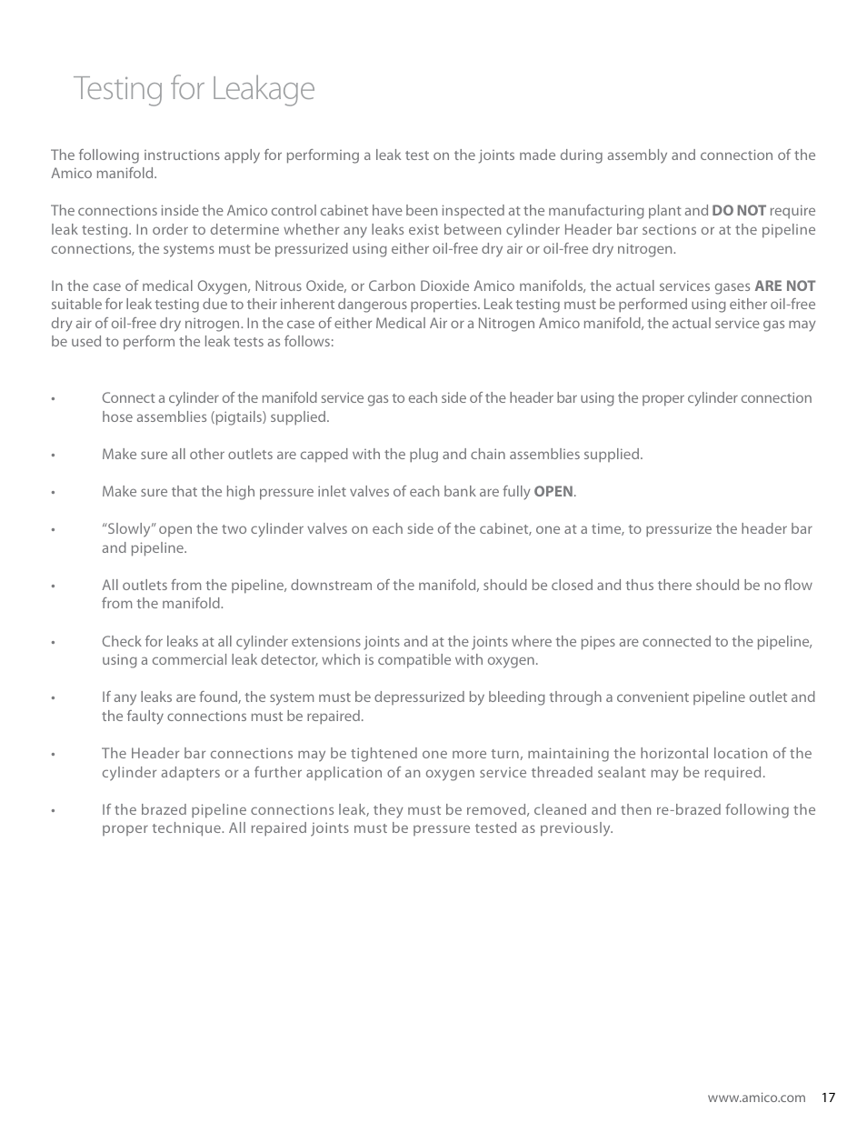 Testing for leakage | Amico Dome Loaded Manifold Nema-4 NFPA User Manual | Page 17 / 44