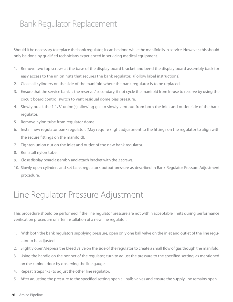 Line regulator pressure adjustment, Bank regulator replacement | Amico Dome Loaded Manifold Nema-4 NFPA User Manual | Page 26 / 44