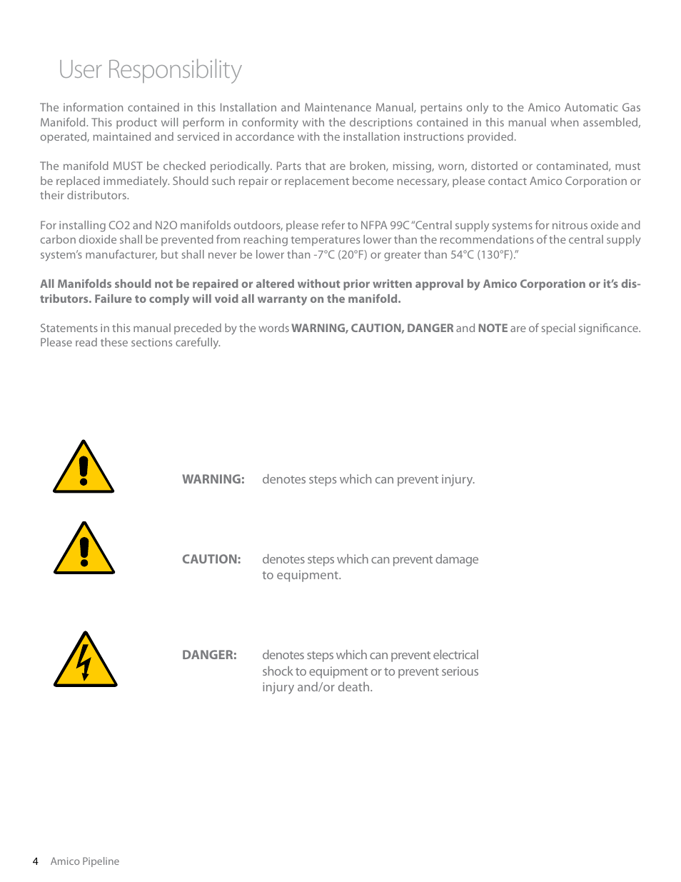 User responsibility | Amico Dome Loaded Manifold Nema-4 NFPA User Manual | Page 4 / 44
