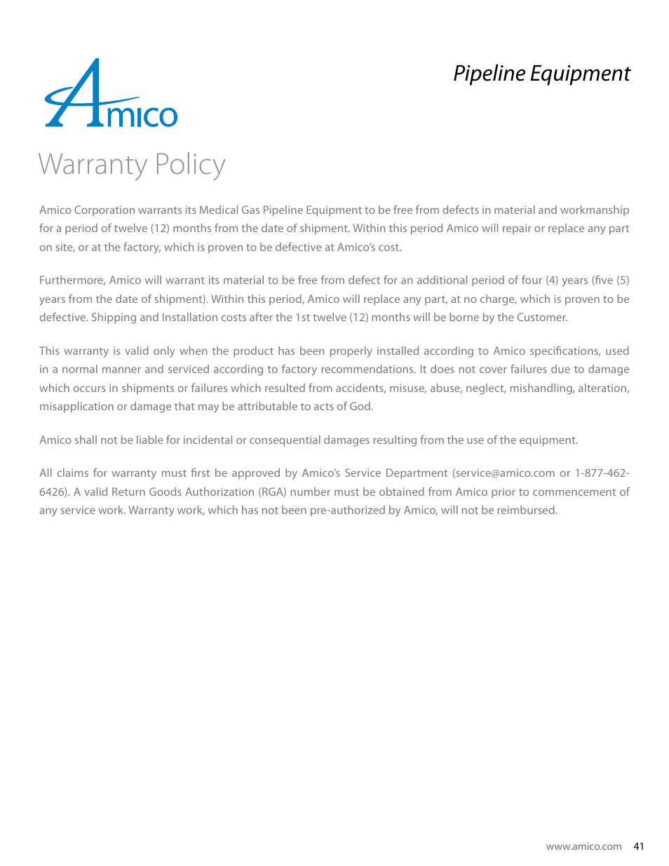 Warranty policy, Pipeline equipment | Amico Dome Loaded Manifold Nema-4 NFPA User Manual | Page 41 / 44