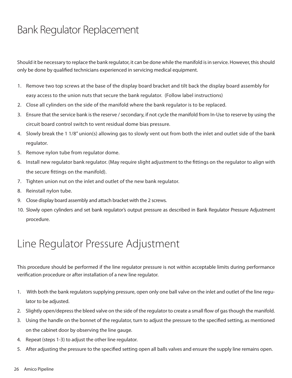 Line regulator pressure adjustment, Bank regulator replacement | Amico Dome Loaded Manifold NFPA User Manual | Page 26 / 44