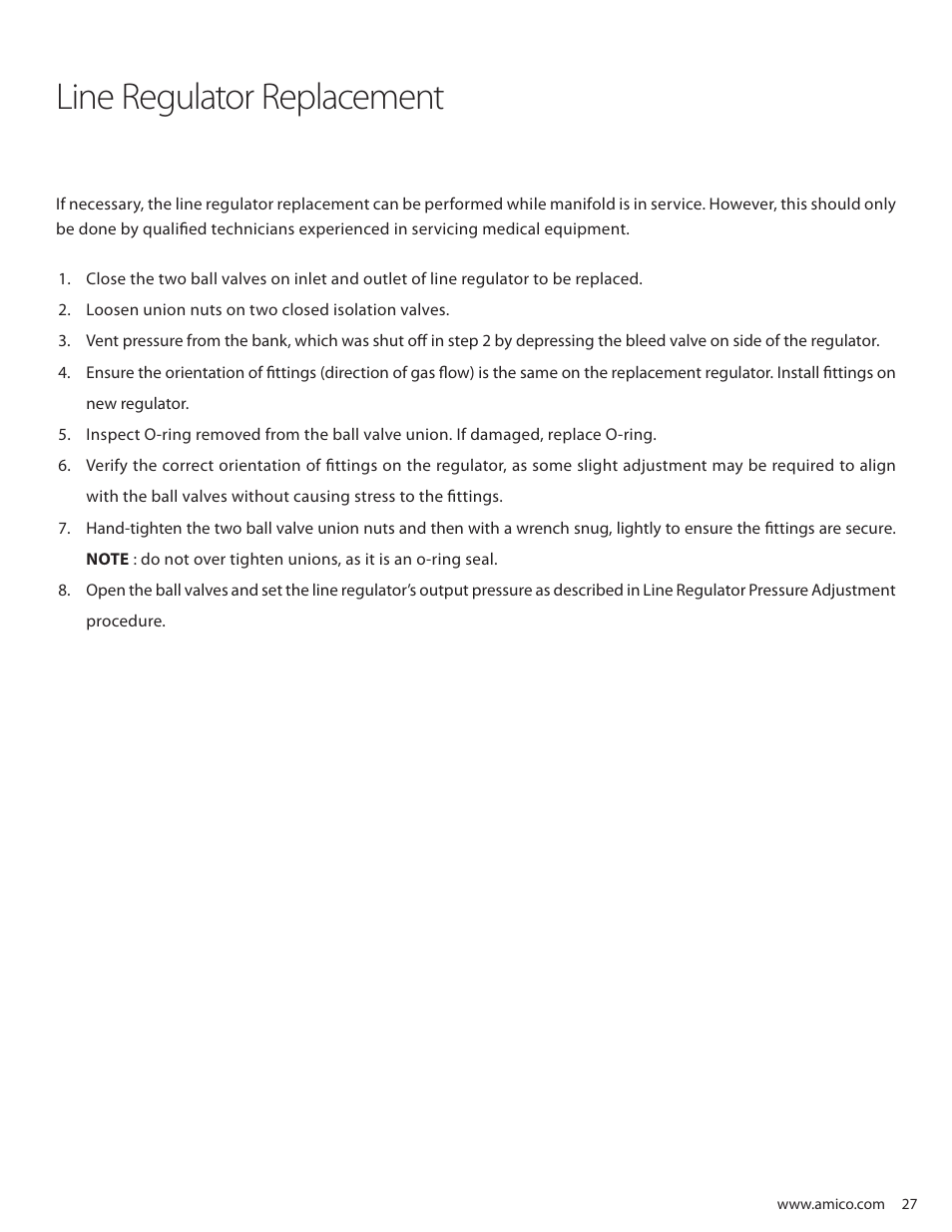 Line regulator replacement | Amico Dome Loaded Manifold NFPA User Manual | Page 27 / 44