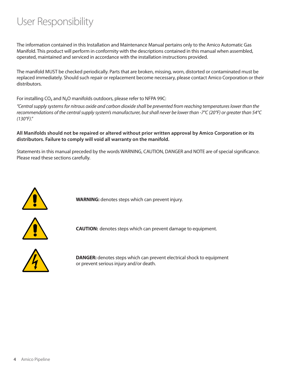 User responsibility | Amico Dome Loaded Manifold NFPA User Manual | Page 4 / 40