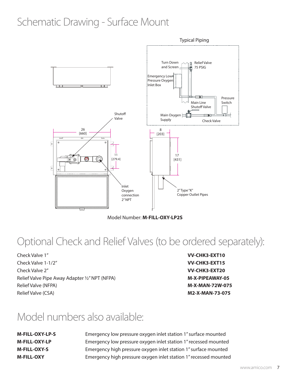 Model numbers also available, Schematic drawing - surface mount | Amico Emergency Oxygen Inlet Station 2" (Surface Mount Low Pressure) User Manual | Page 7 / 8