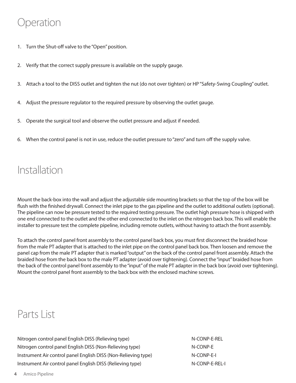 Operation installation parts list | Amico Gas Control Panel User Manual | Page 4 / 8
