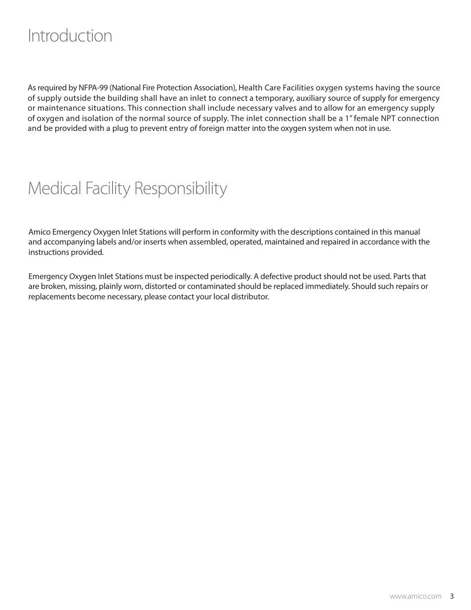 Introduction medical facility responsibility | Amico Surface Mount Emergency Oxygen Inlet Station (Low Pressure) User Manual | Page 3 / 8