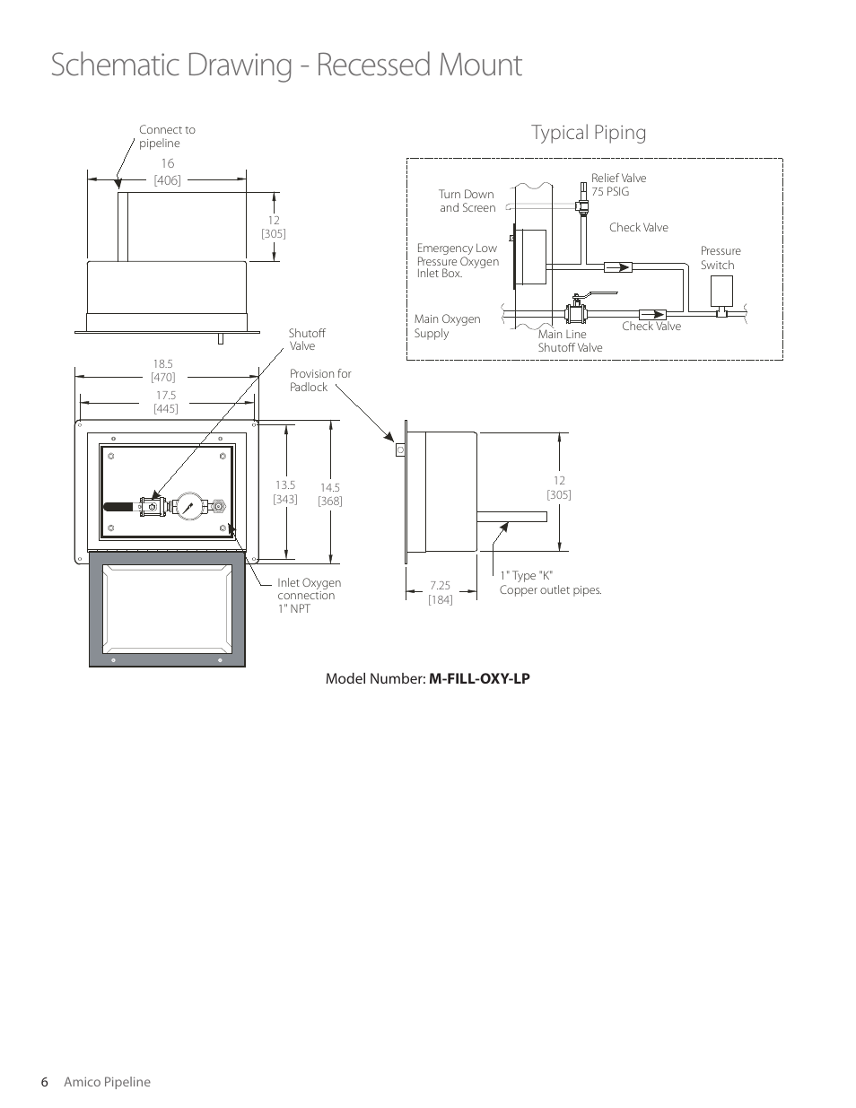 Schematic drawing - recessed mount, Typical piping | Amico Surface Mount Emergency Oxygen Inlet Station (Low Pressure) User Manual | Page 6 / 8