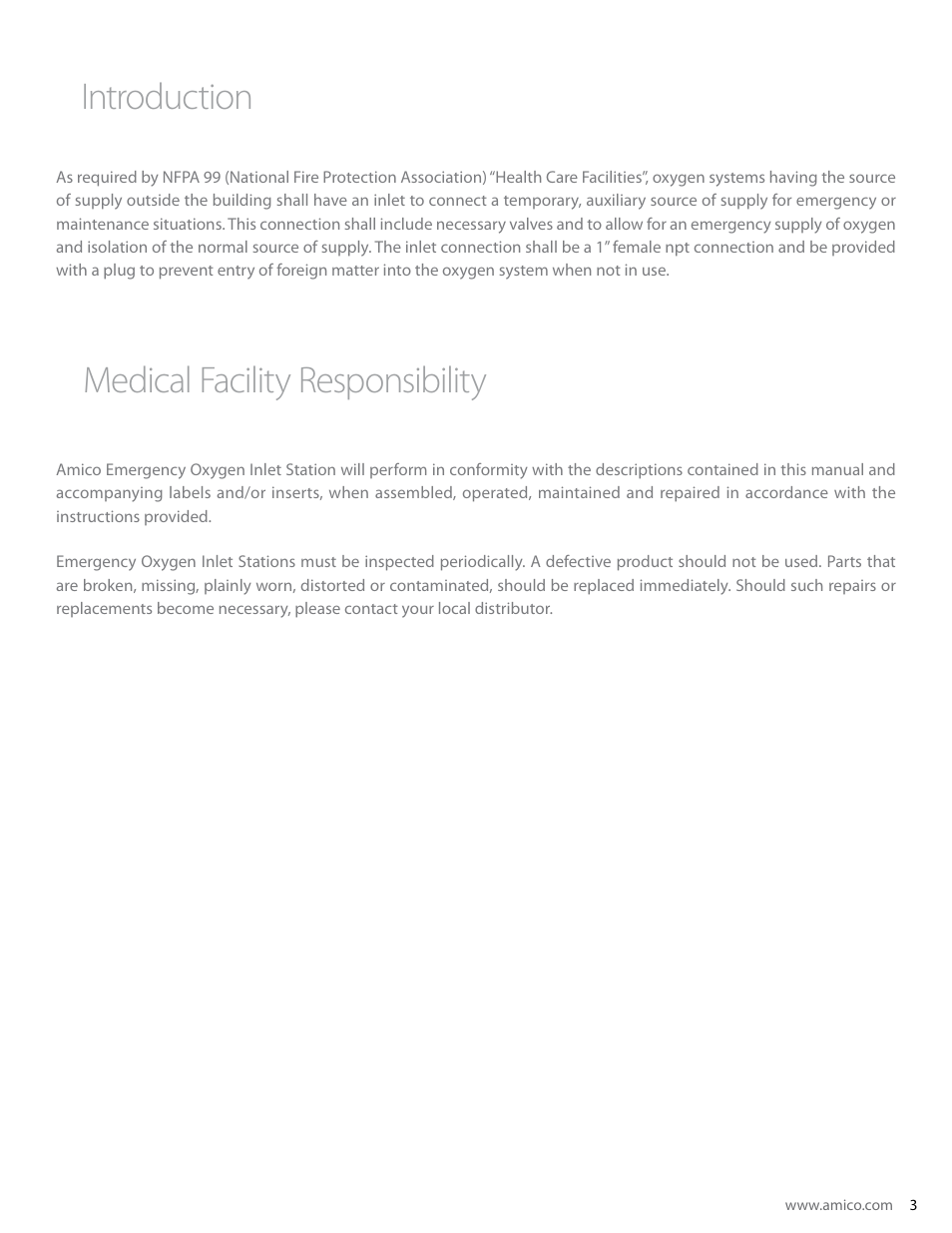 Introduction medical facility responsibility | Amico Surface Mount Emergency Oxygen Inlet Station (High Pressure) User Manual | Page 3 / 6