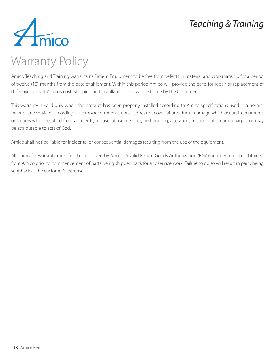 Warranty policy, Teaching & training | Amico TTS Vertical Flat Wall User Manual | Page 18 / 20