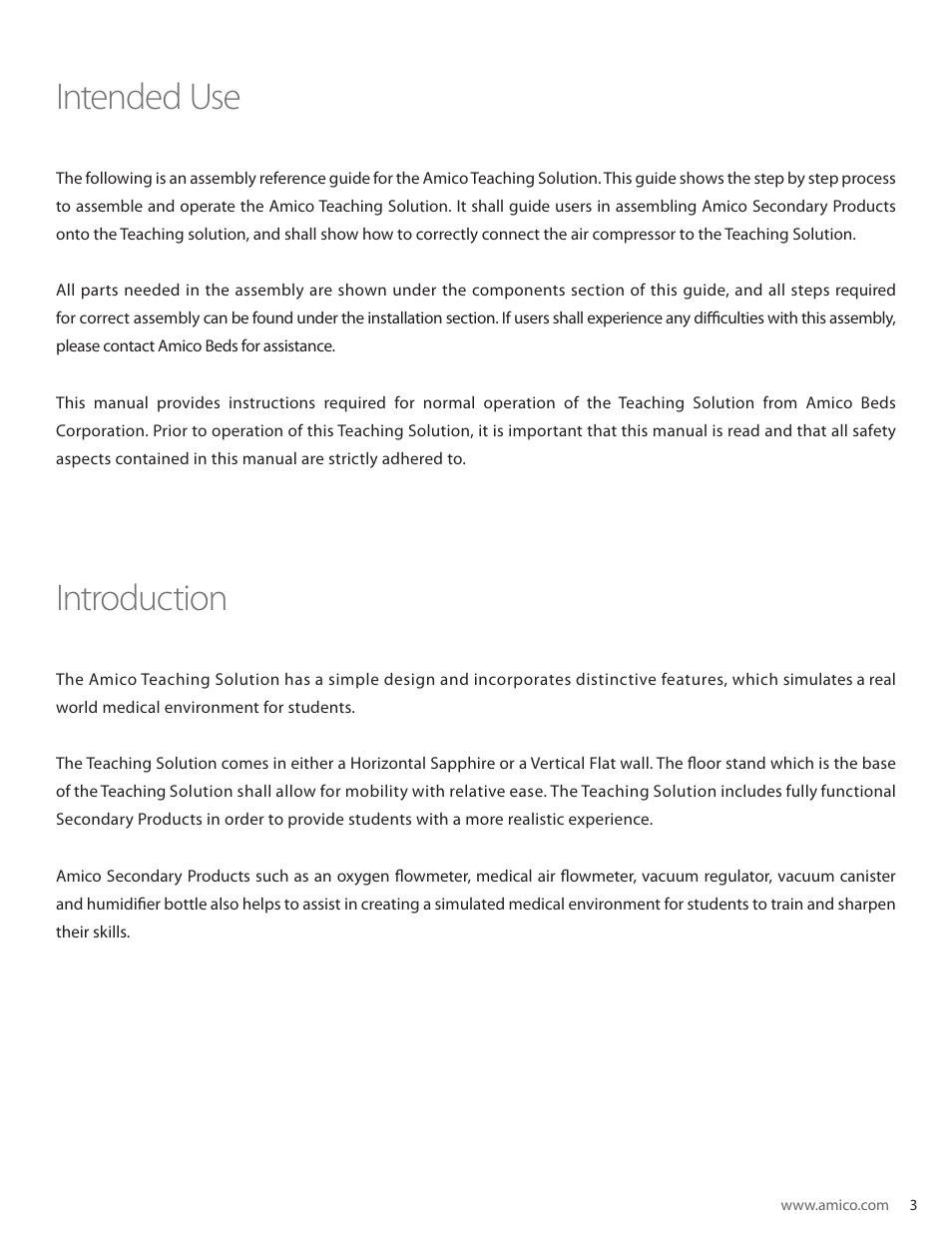 Intended use introduction | Amico TTS Vertical Flat Wall User Manual | Page 3 / 20