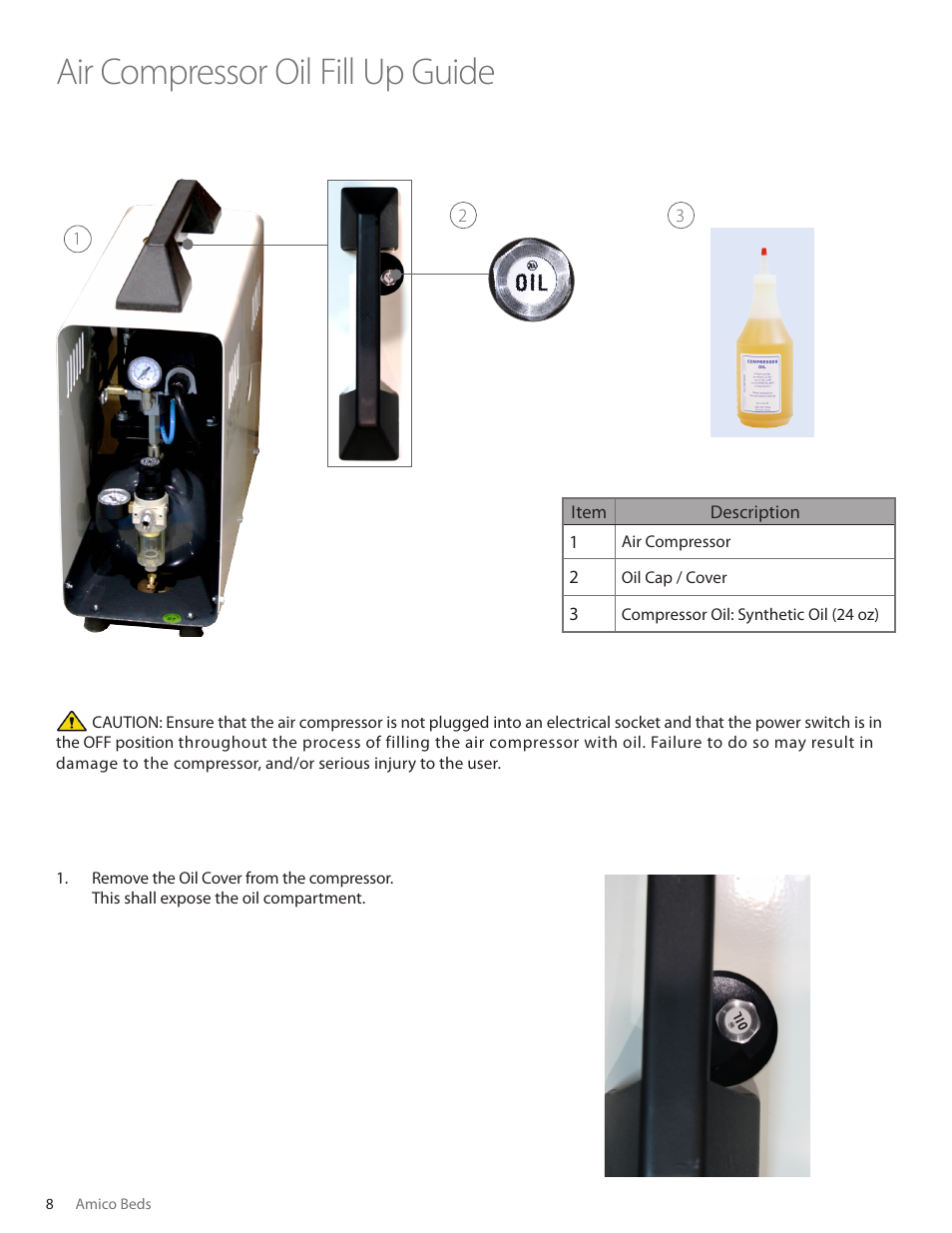 Air compressor oil fill up guide | Amico TTS Vertical Flat Wall User Manual | Page 8 / 20