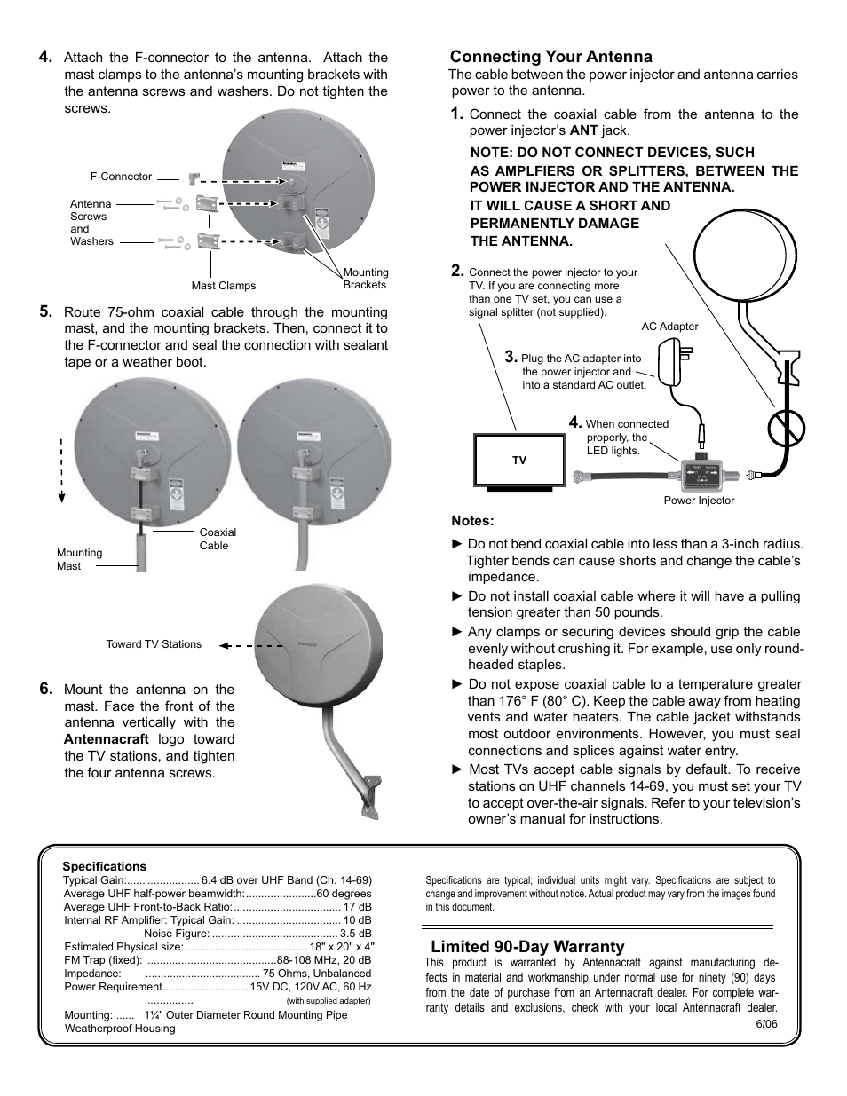 Connecting your antenna, Limited 90-day warranty | Antennacraft HDX1000 User Manual | Page 2 / 4