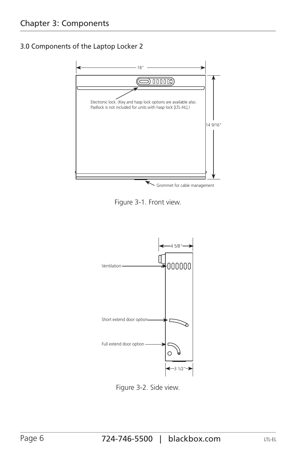 Chapter 3: components, 0 components of the laptop locker 2, Figure 3-1. front view | Figure 3-2. side view | Black Box LTL-EL User Manual | Page 6 / 8