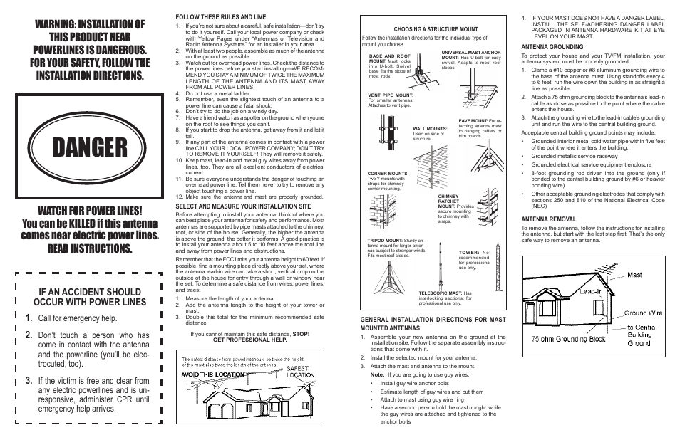 Danger, If an accident should occur with power lines 1, Call for emergency help | Antennacraft HBU11K User Manual | Page 2 / 2