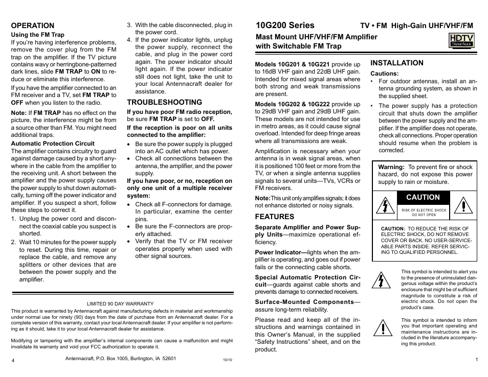 Antennacraft 10G222 User Manual | 2 pages