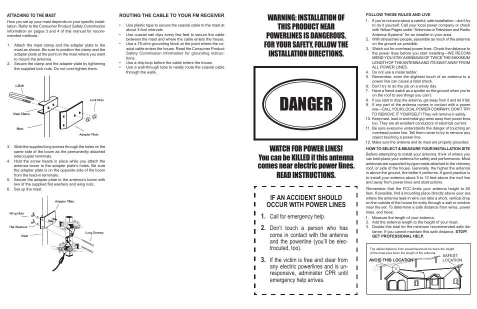 Danger, If an accident should occur with power lines 1, Call for emergency help | Antennacraft FMSS User Manual | Page 2 / 2