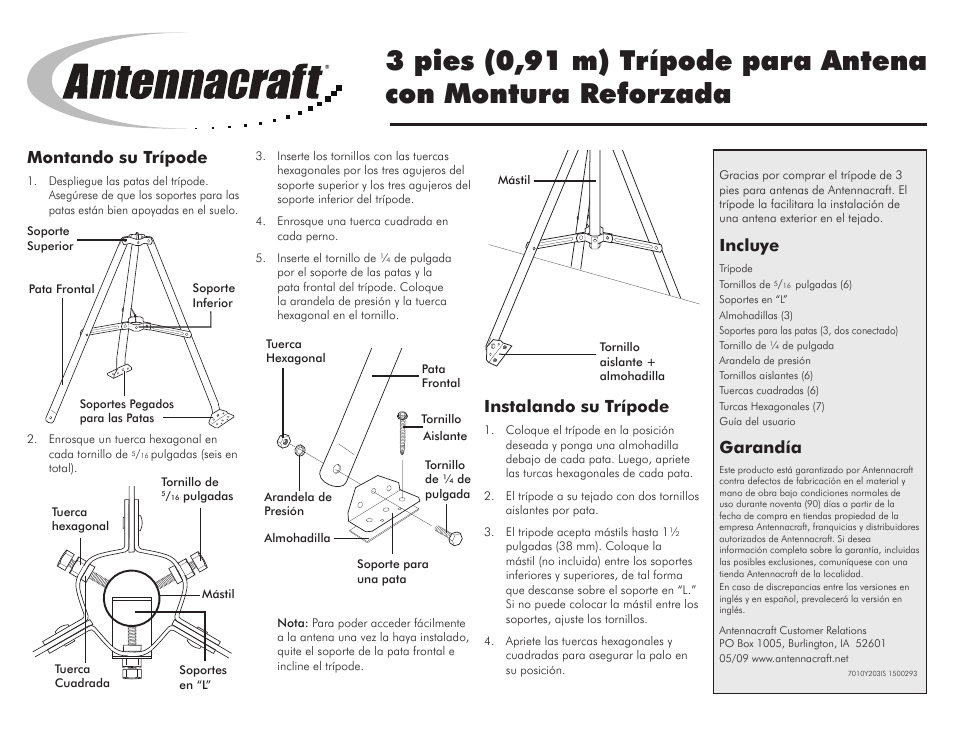 Incluye, Garandía, Instalando su trípode | Montando su trípode | Antennacraft 10Y203 User Manual | Page 2 / 2