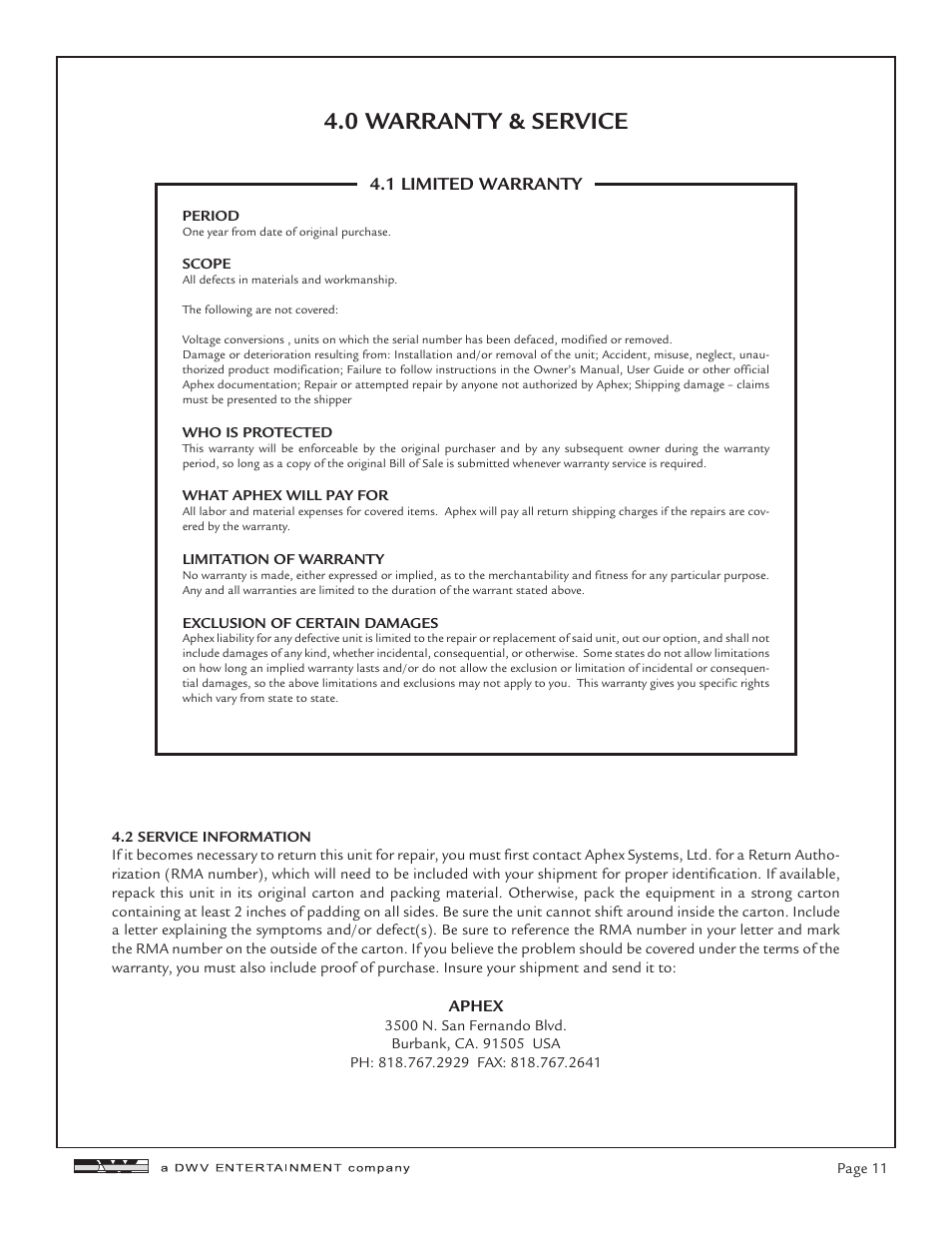 0 warranty & service, 1 limited warranty | Aphex Channel User Manual | Page 11 / 14