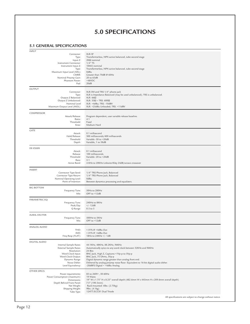 0 specifications, Page 12, 1 general specifications | Aphex Channel User Manual | Page 12 / 14