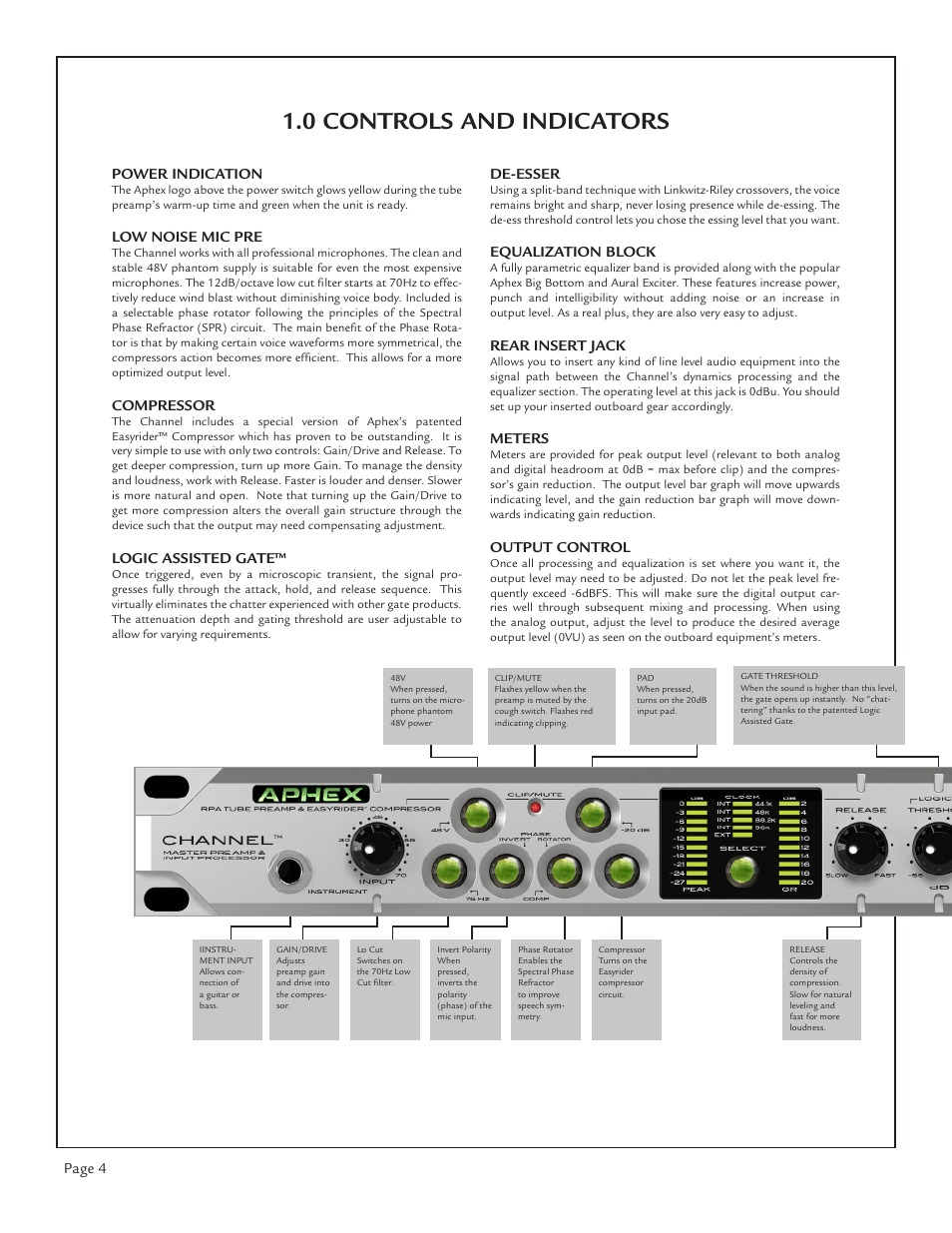 0 controls and indicators | Aphex Channel User Manual | Page 4 / 14