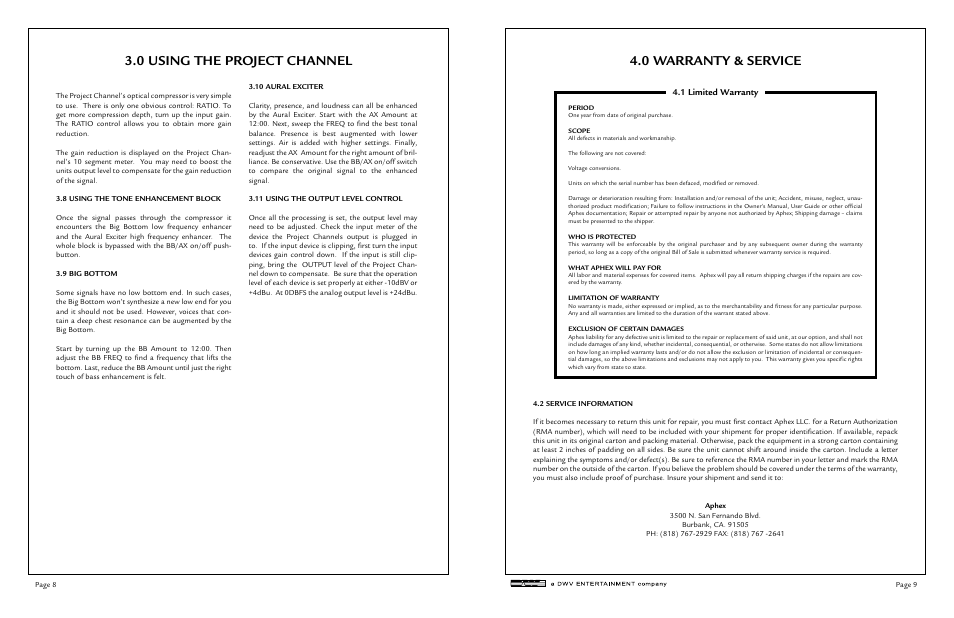 0 warranty & service 3.0 using the project channel, 1 limited warranty | Aphex Project Channel User Manual | Page 5 / 6