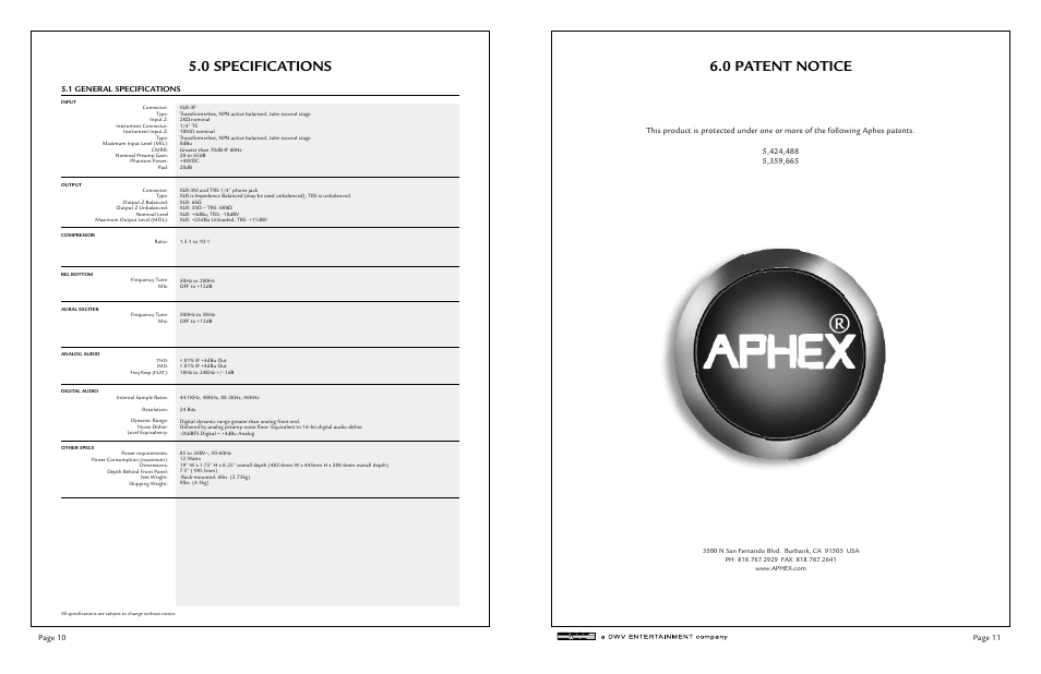 0 patent notice 5.0 specifications, Page 11 page 10, 1 general specifications | Aphex Project Channel User Manual | Page 6 / 6