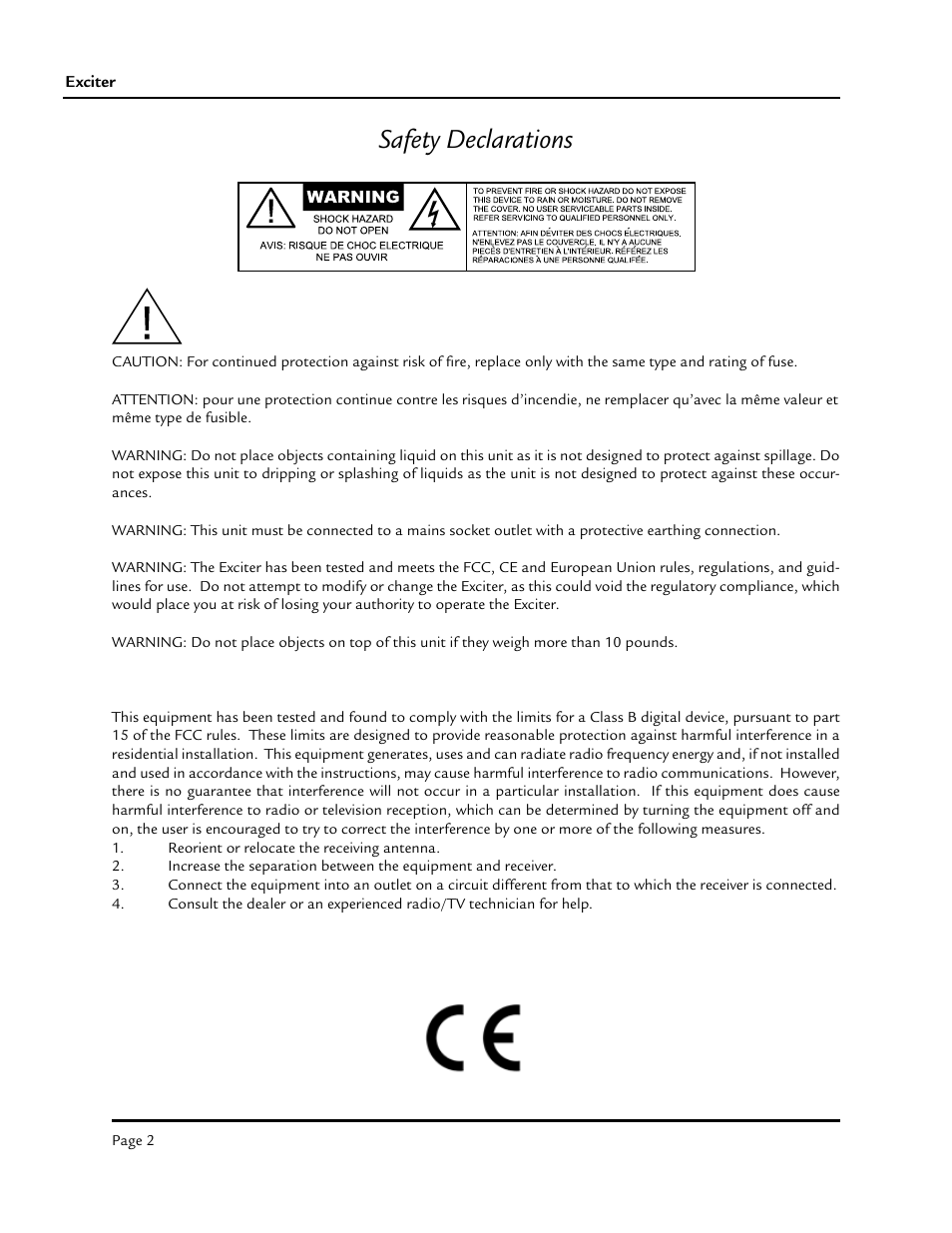 Safety declarations | Aphex Exciter User Manual | Page 2 / 24