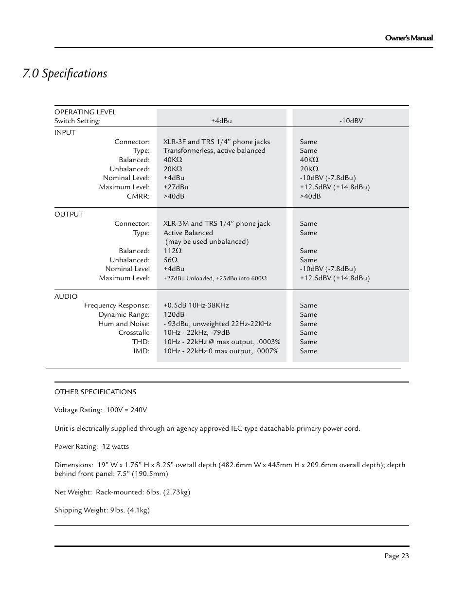 0 specifications | Aphex Exciter User Manual | Page 23 / 24