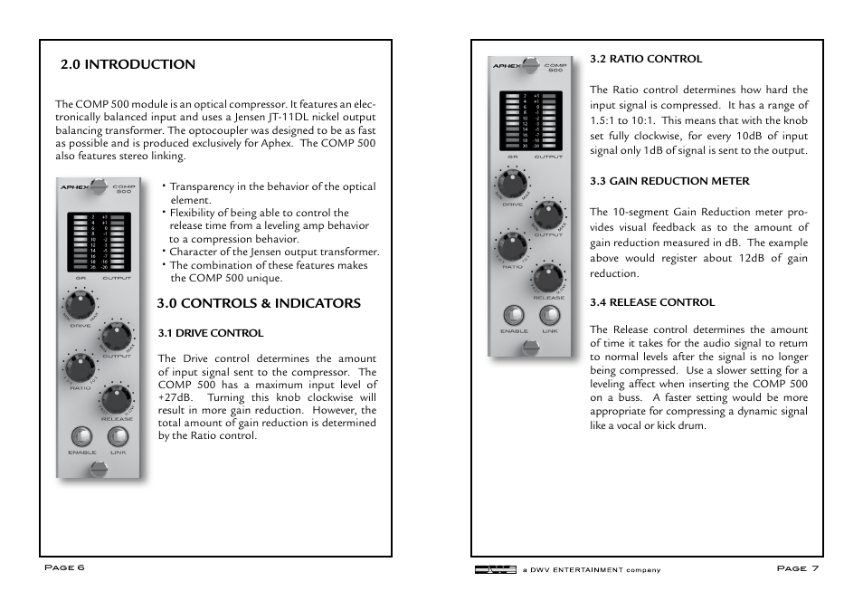 0 introduction 3.0 controls & indicators | Aphex COMP 500 User Manual | Page 4 / 7