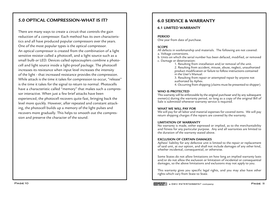 0 optical compression-what is it, 0 service & warranty | Aphex COMP 500 User Manual | Page 6 / 7