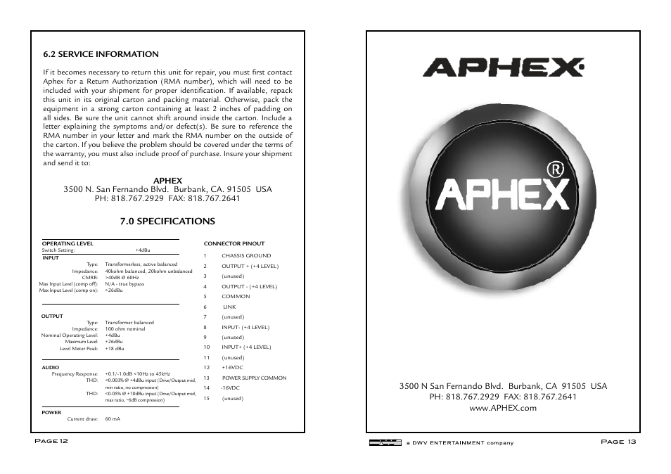 0 specifications | Aphex COMP 500 User Manual | Page 7 / 7
